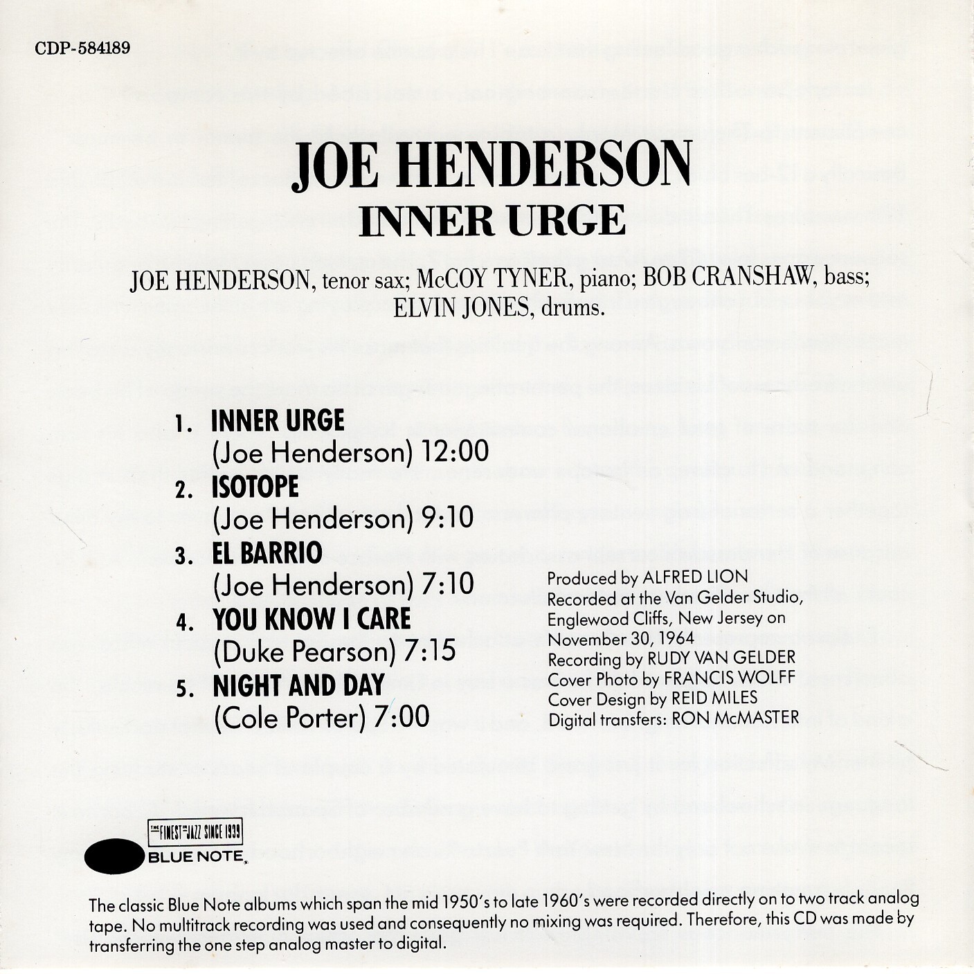 RARE LONG OOP BLUE NOTE 1989 CD JOE HENDERSON INNER URGE MCCOY TYNER ELVIN JONES