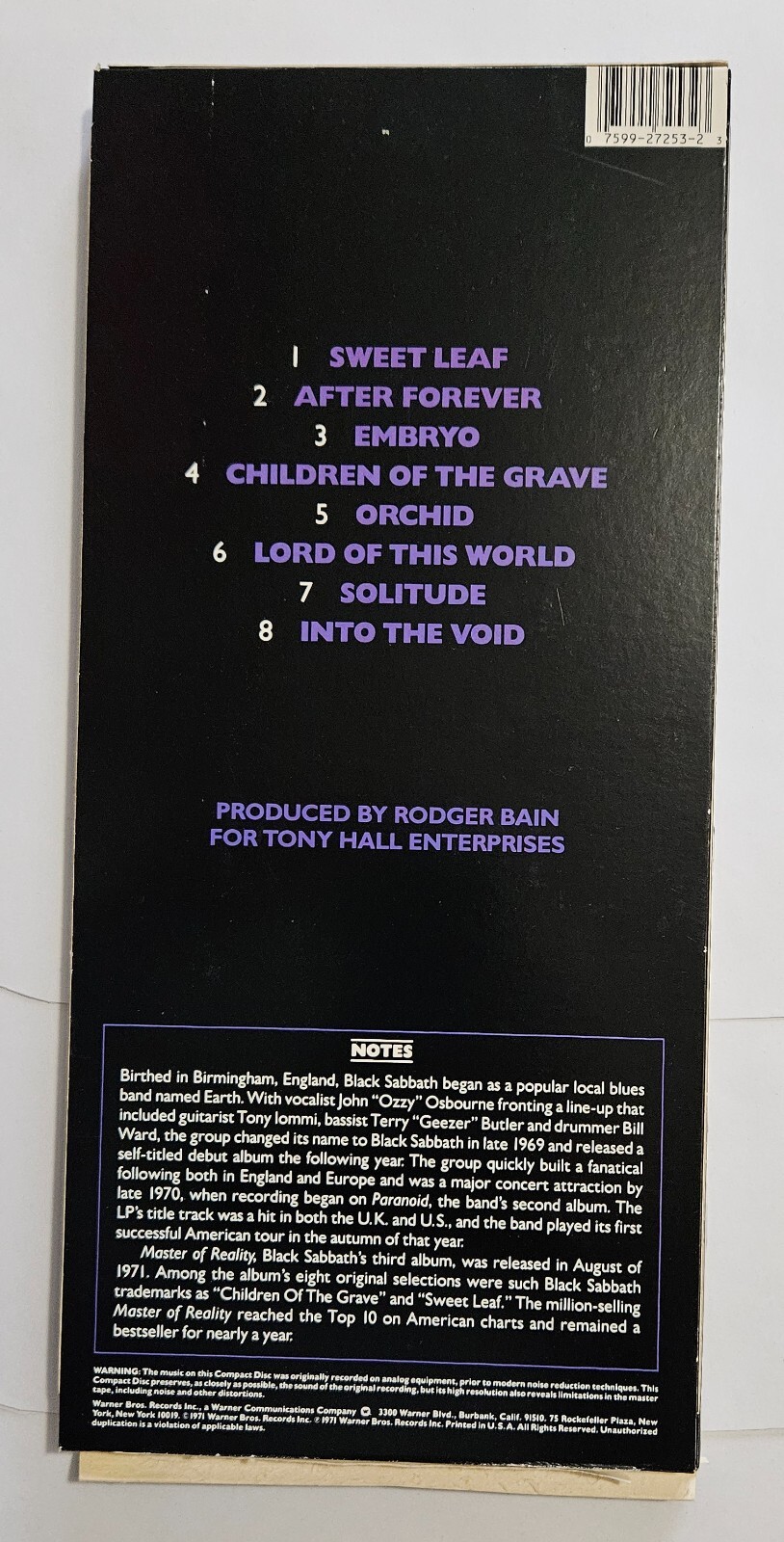 Black Sabbath Original 1987 Warner Bros USA LONGBOX CD: Master Of Reality - Ozzy