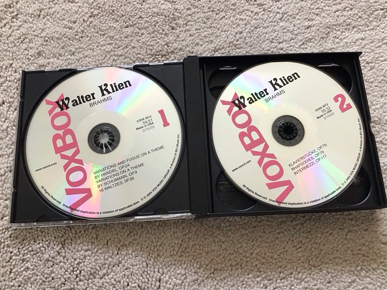 Walter Klien Plays Brahms 5 CD Set 2004 VoxBox CD5X 3612 Plus Extra Inserts