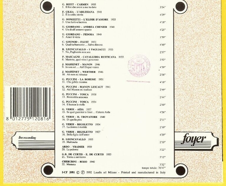 BENIAMINO GIGLI - FOYER - LIVE RECORDING - CD USED, LIBRARY COPY - FREE SHIPPING
