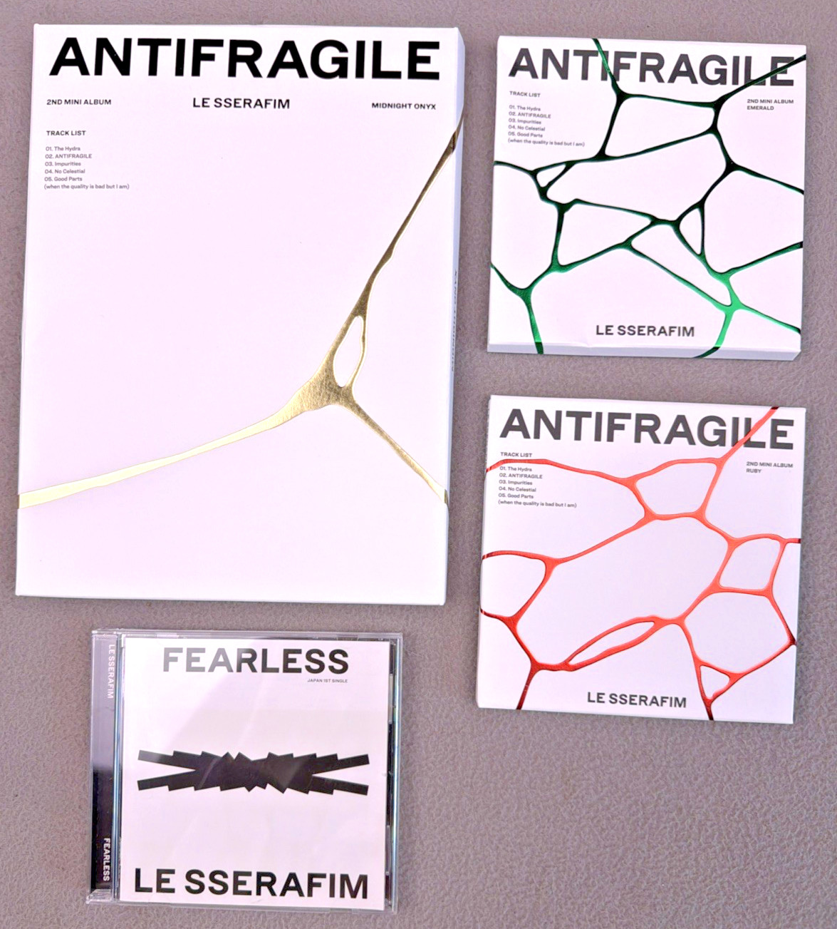 Lot 4 Le Sserafim ANTIFRAGILE MIDNIGHT ONYX, Ruby, Emerald & Fearless w Extras