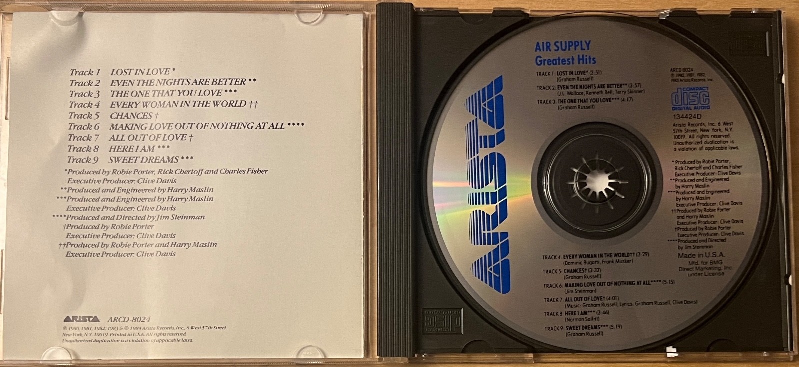 Greatest Hits By Air Supply (CD, Compilation, 1984, Arista Records)