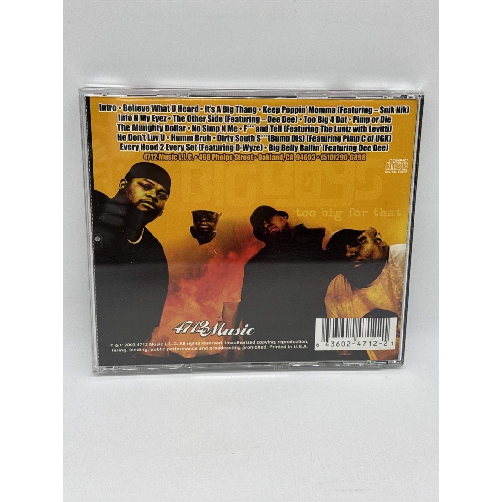 BIG BOYS - TOO BIG FOR THAT U.S. CD 2003 16 TRACKS GANGSTR RAP - RARE CD