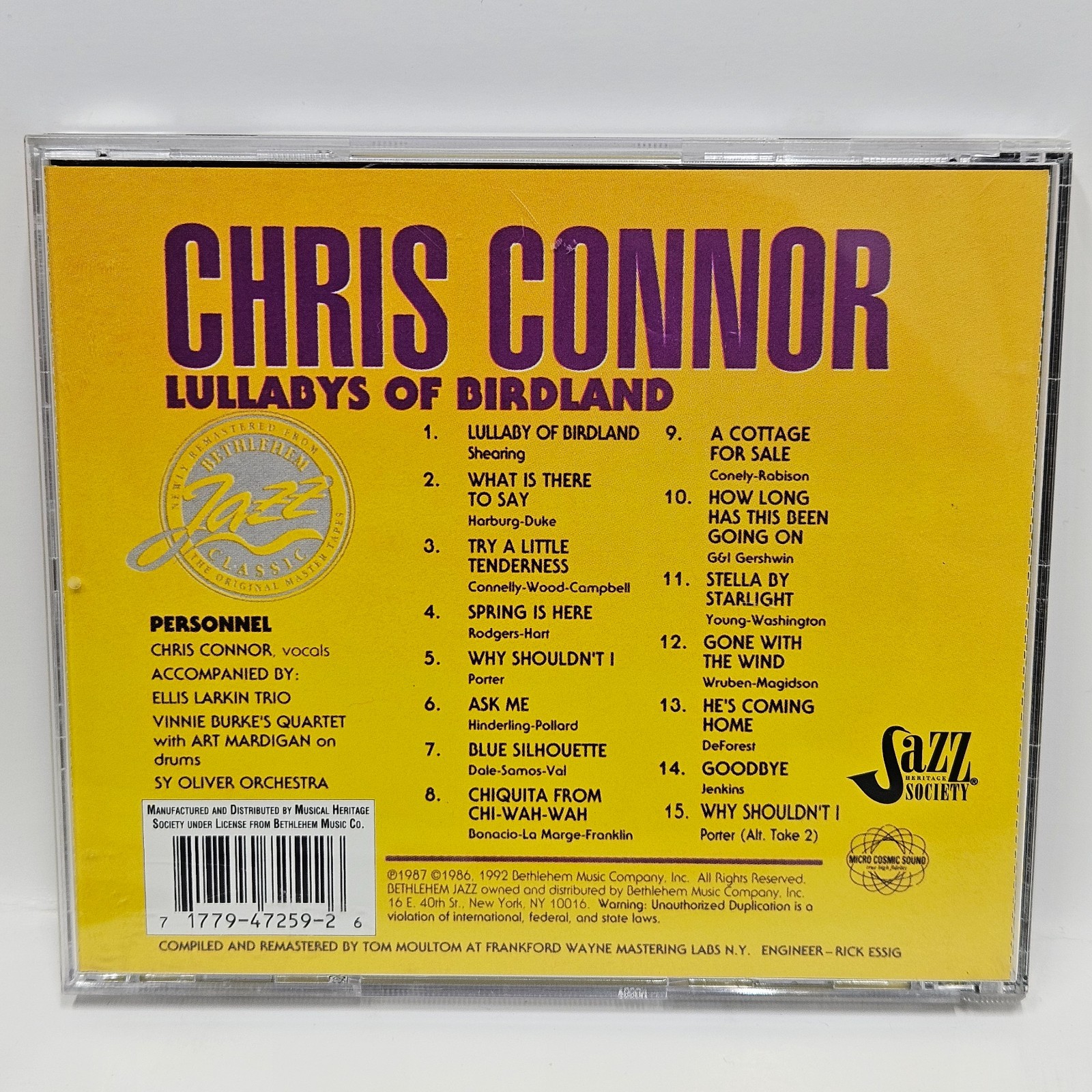 Chris Connor Lullabys of Birdland CD 1992 US Jazz Heritage Society Jazz VG+ Test