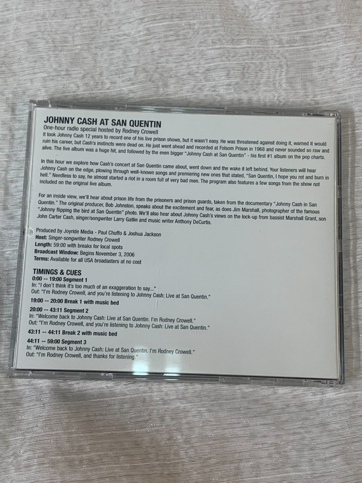 Johnny Cash at San Quentin One Hour Radio Special CD RARE Promotional I9