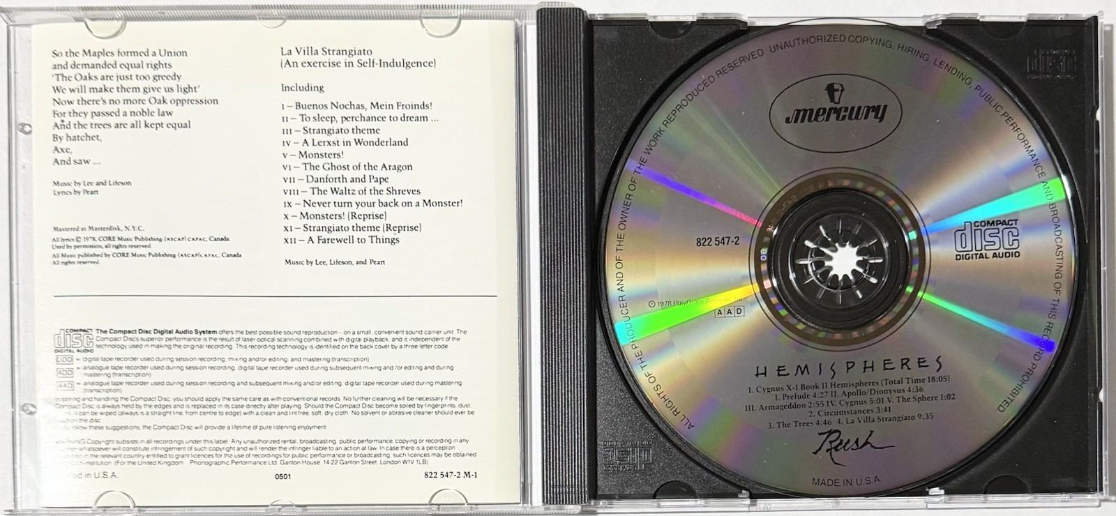 RUSH Hemispheres CD 1989 Island Mercury EARLY PRESS Progressive Rock Music