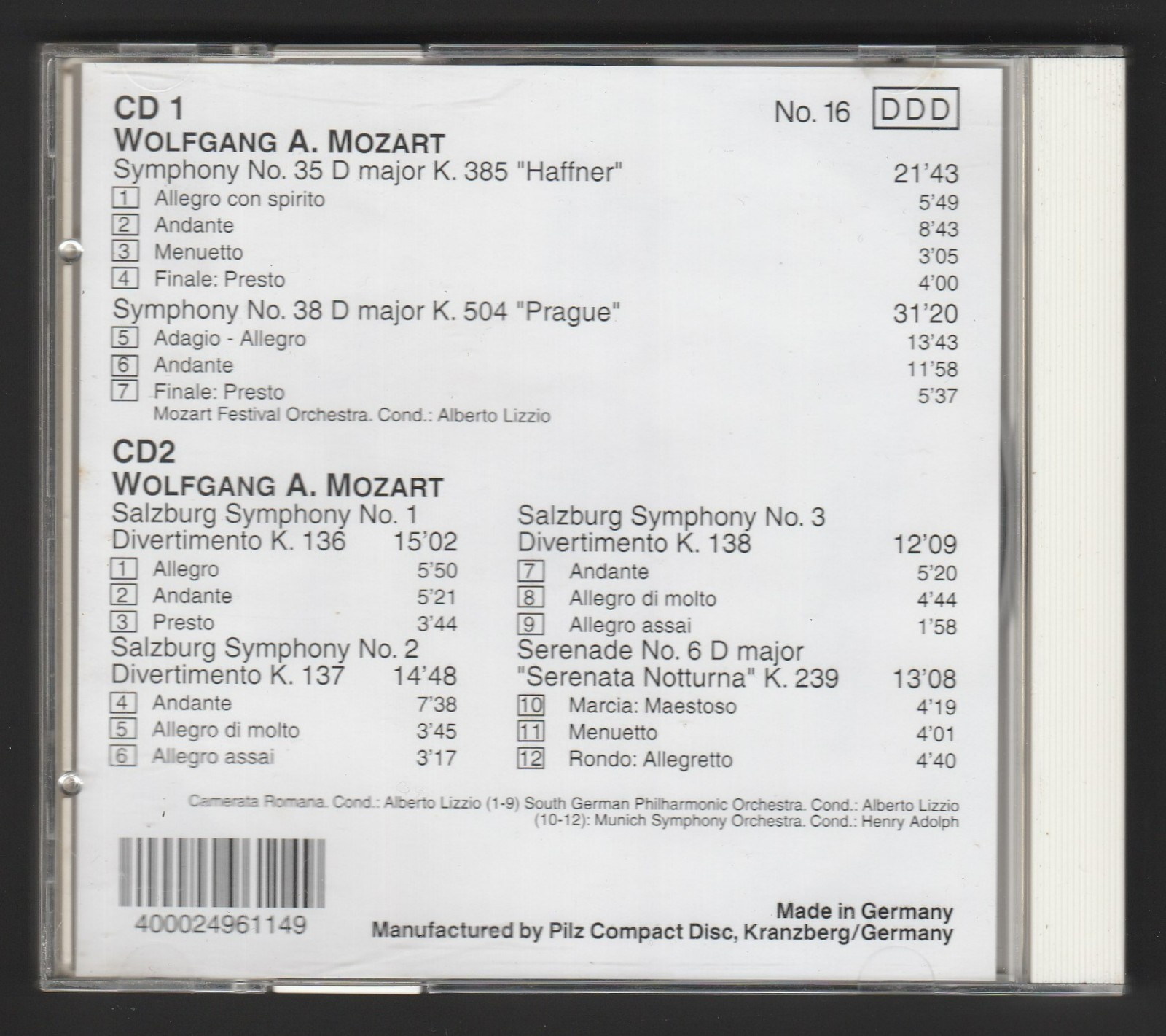 Wolfgang Amadeus Mozart Double Audio CD Symphony No35 and No38 German Import DCD