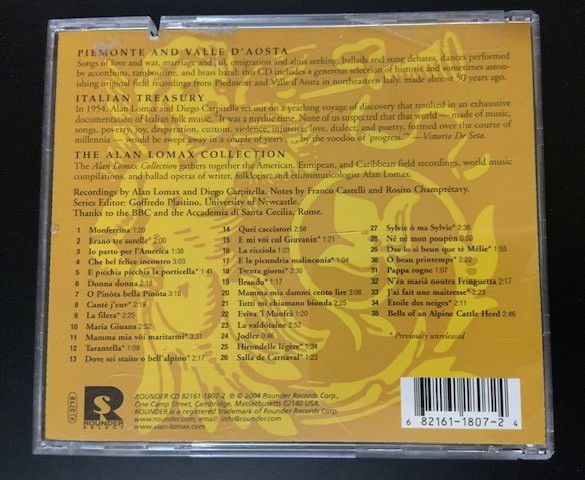 Italian Treasury: Piemonte & Valle D'Aosta CD Alan Lomax collection 1954 Rounder