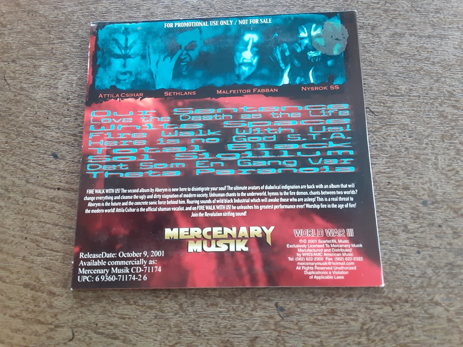 Aborym Fire Walk With Us CD 2001 Mercenary Musik PROMO CD Emperor Mayhem Dissect