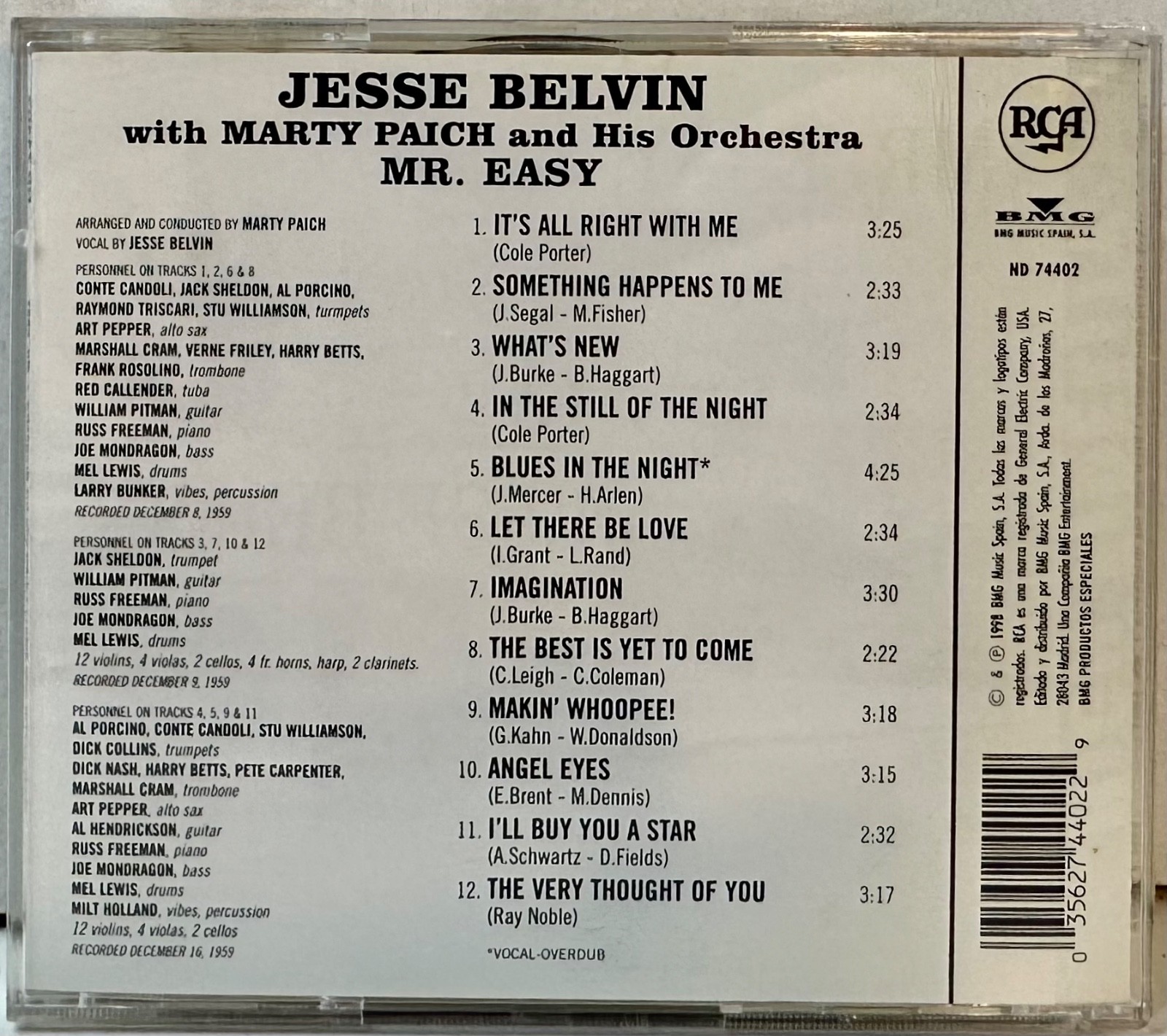 JESSE BELVIN - Mr Easy - cd Featuring Art Pepper IMPORT SPAIN VERY NICE
