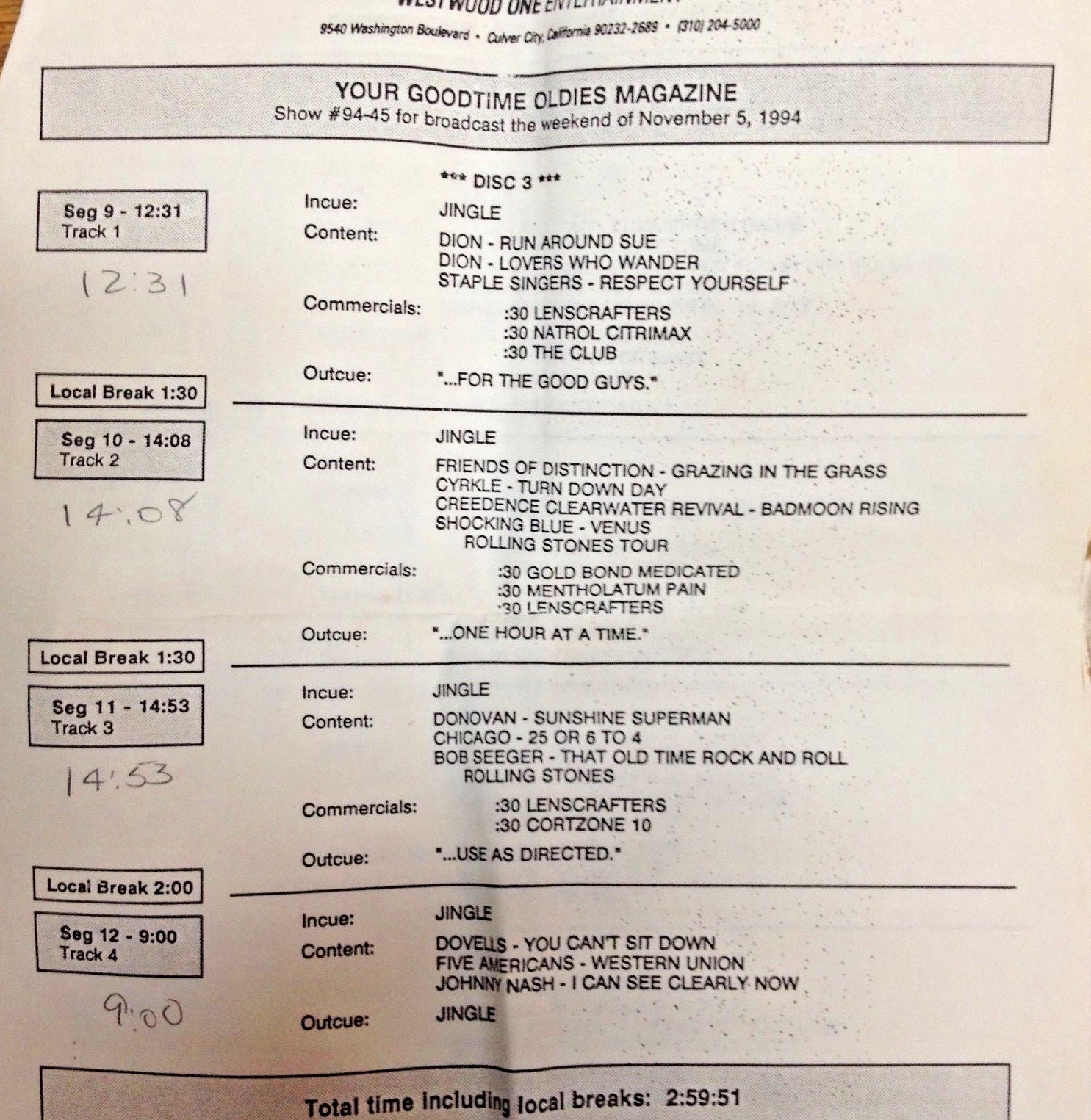 RADIO SHOW:GOOD TIME OLDIES 11/5/94 DION FEATURE; BEATLES, SHOCKING BLUE,CHICAGO