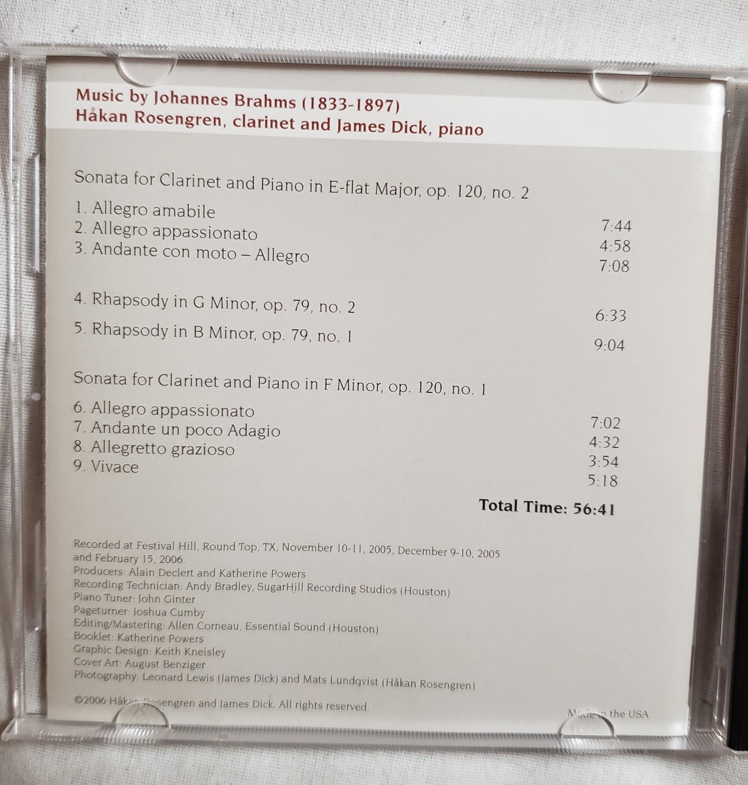 Johannes Brahms CD w/Hakan Rosengren & James Dick 2005 56 Min Round Top, TX