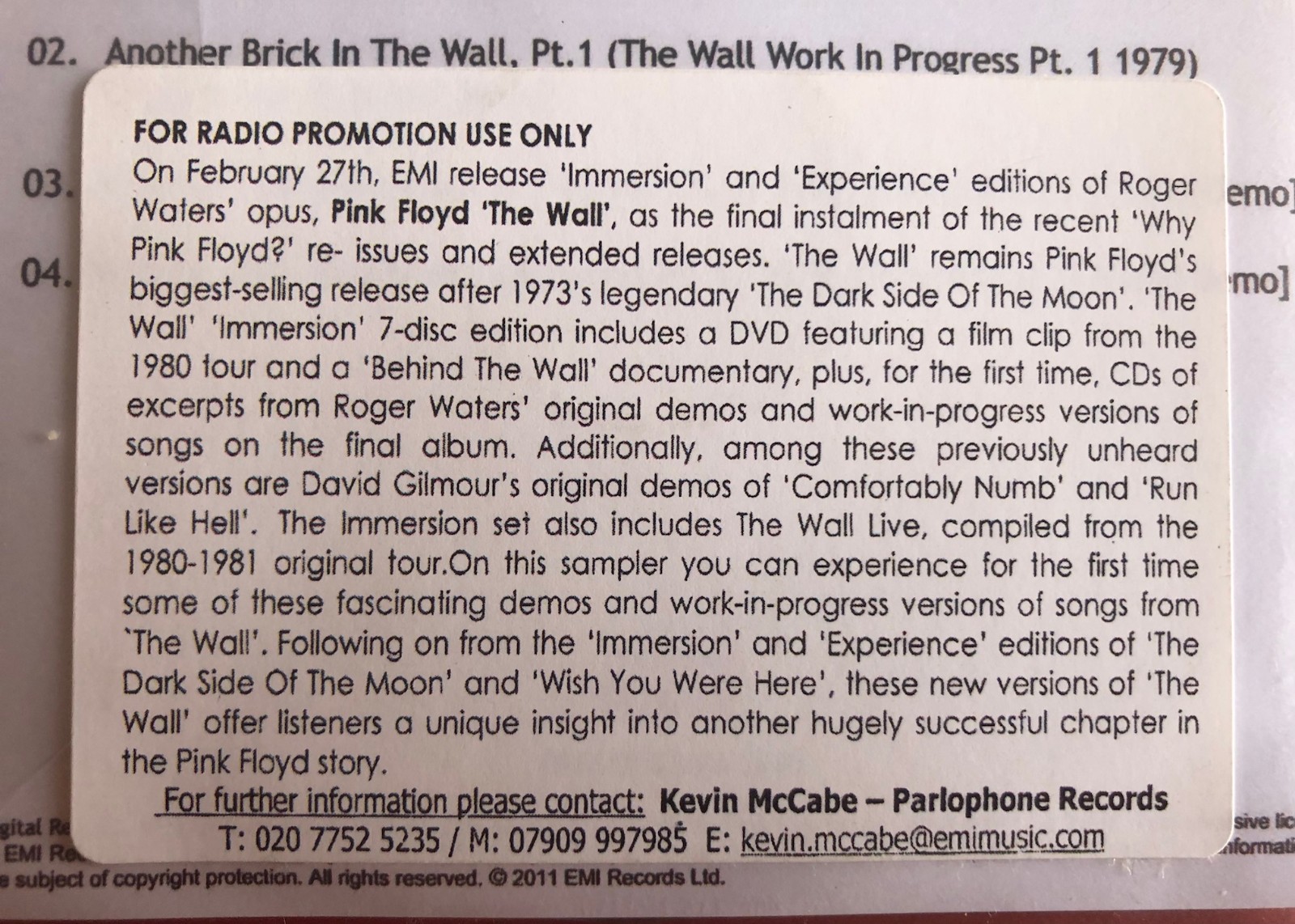 Pink Floyd ‎– The Wall Immersion UK - Daytime Sampler Promo CDr 2011 Mint