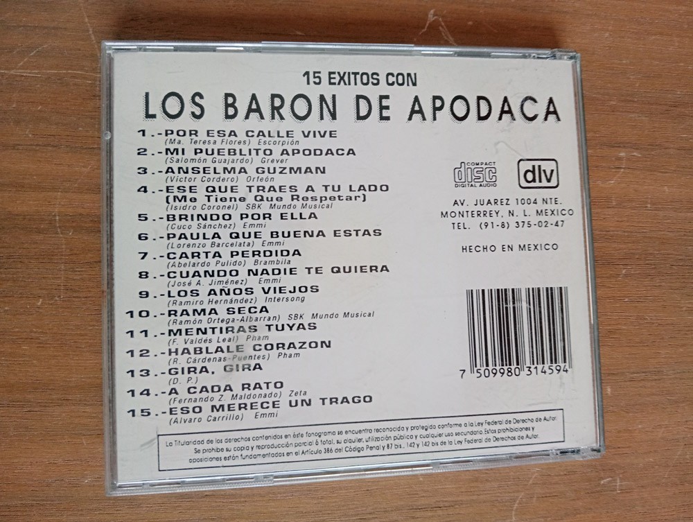 CD-LOS BARON DE APODACA, 15 EXITOS, 1989 /DIV-1459 1st EDITION Monterrey, Mexico
