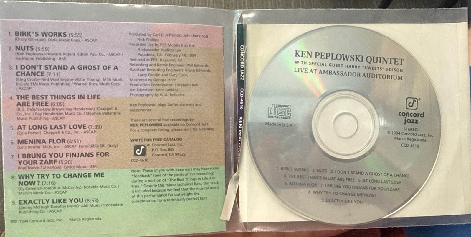 Ken Peplowski ‘Live at Ambassador Auditorium’ CD (No Jewel Case) Good Plus
