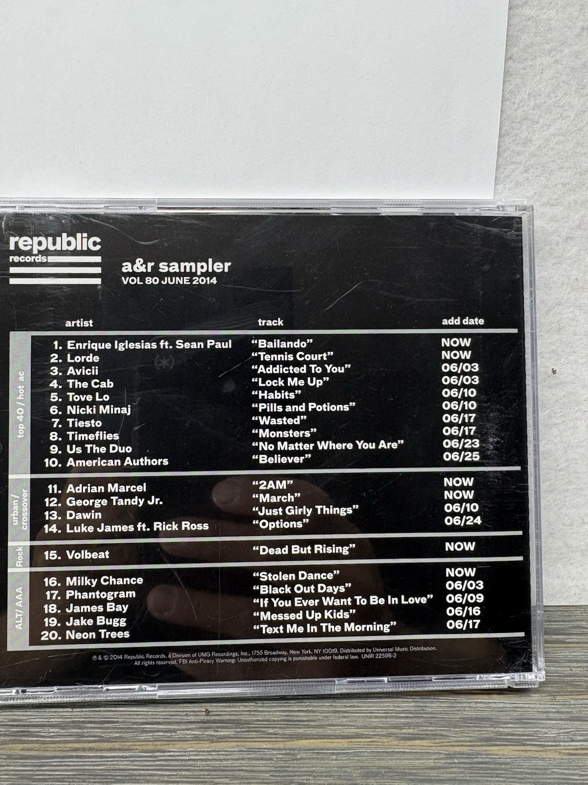 Republic Records - A&R Sampler Vol 80 January 2014 - Rare Promotional CD