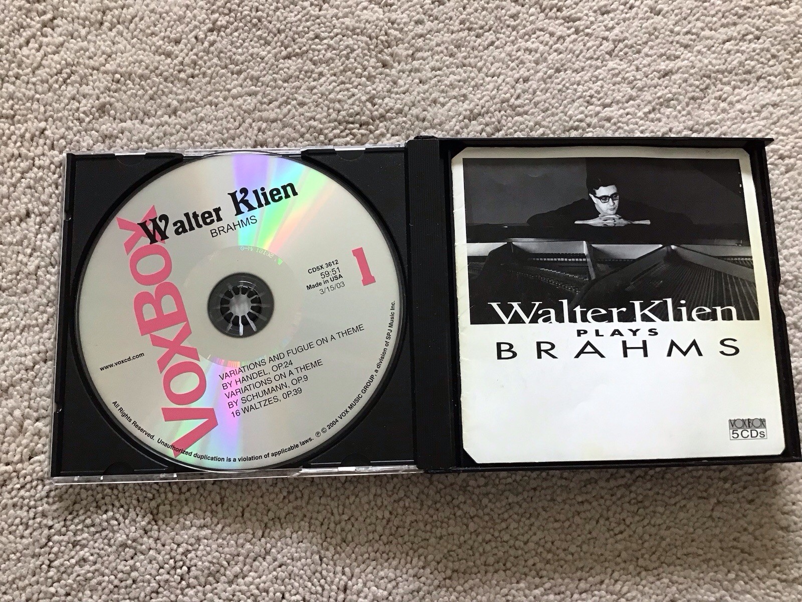 Walter Klien Plays Brahms 5 CD Set 2004 VoxBox CD5X 3612 Plus Extra Inserts