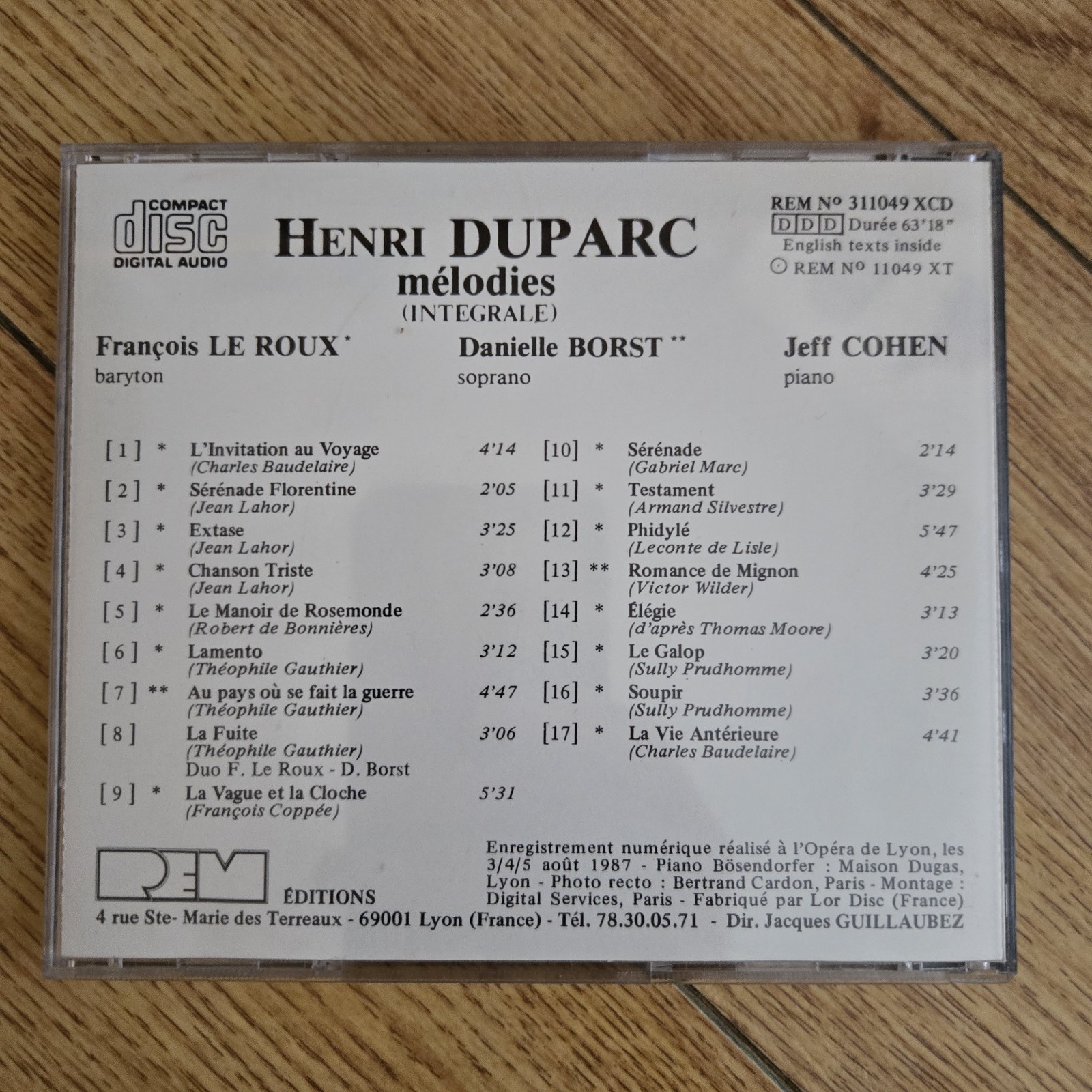 FRANCE IMPORT: Henri Duparc: Mélodies [François Le Roux] (CD REM 1997) CLASSICAL