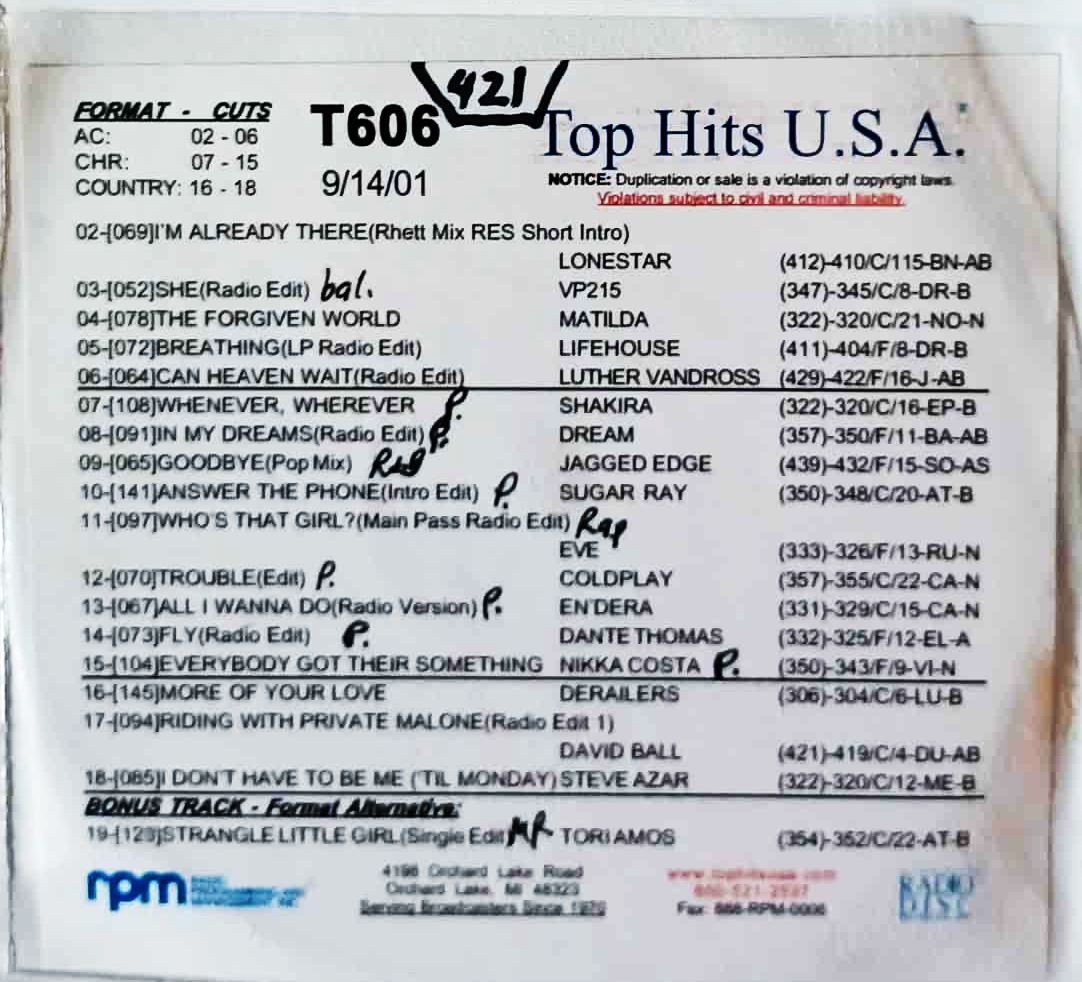 TOP HITS USA RADIO BROADCAST ROCK/ COUNTRY/CHRISTIAN CD SEPTEMBER 14 2001 T606