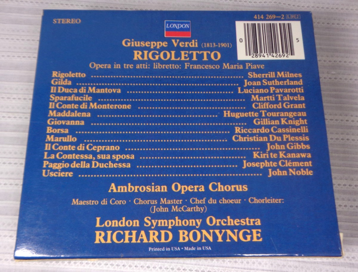 Verdi: Rigoletto (2 CDs, 1985, London) Pavarotti/Sutherland/London Symphony VG!