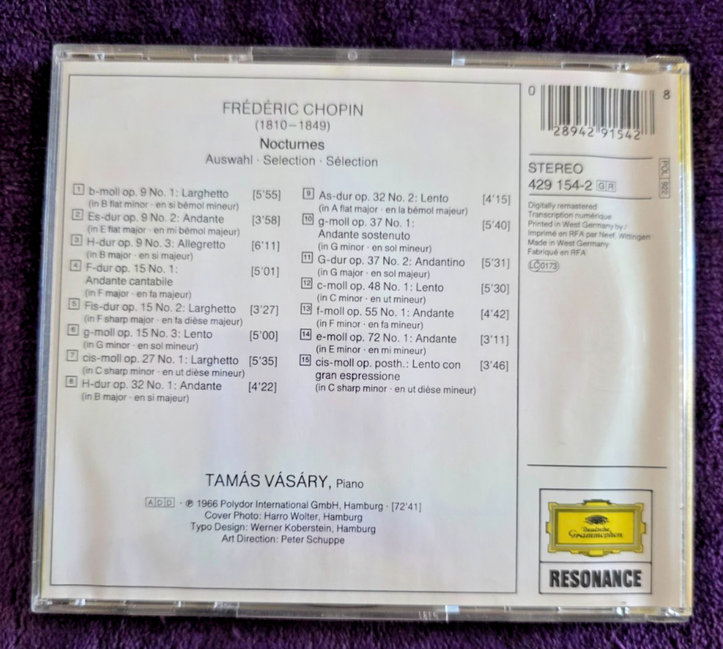 Chopin Nocturnes Tamás Vásáry Piano CD Deutsche Grammophon Resonance 429 154-2