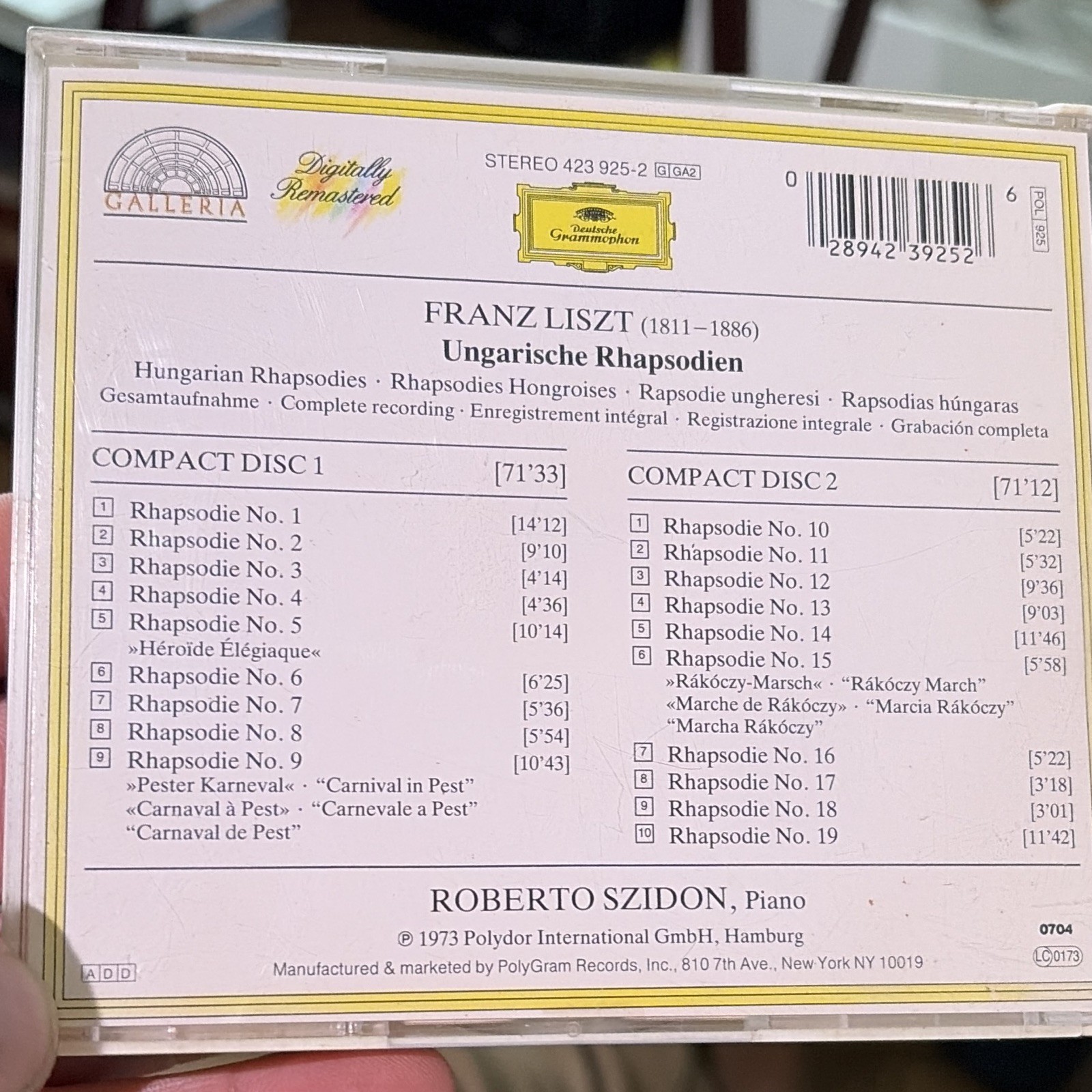 Deutsche Grammophon Liszt 19 Rhapsodien Szidon 2CD 1973 full silver discs