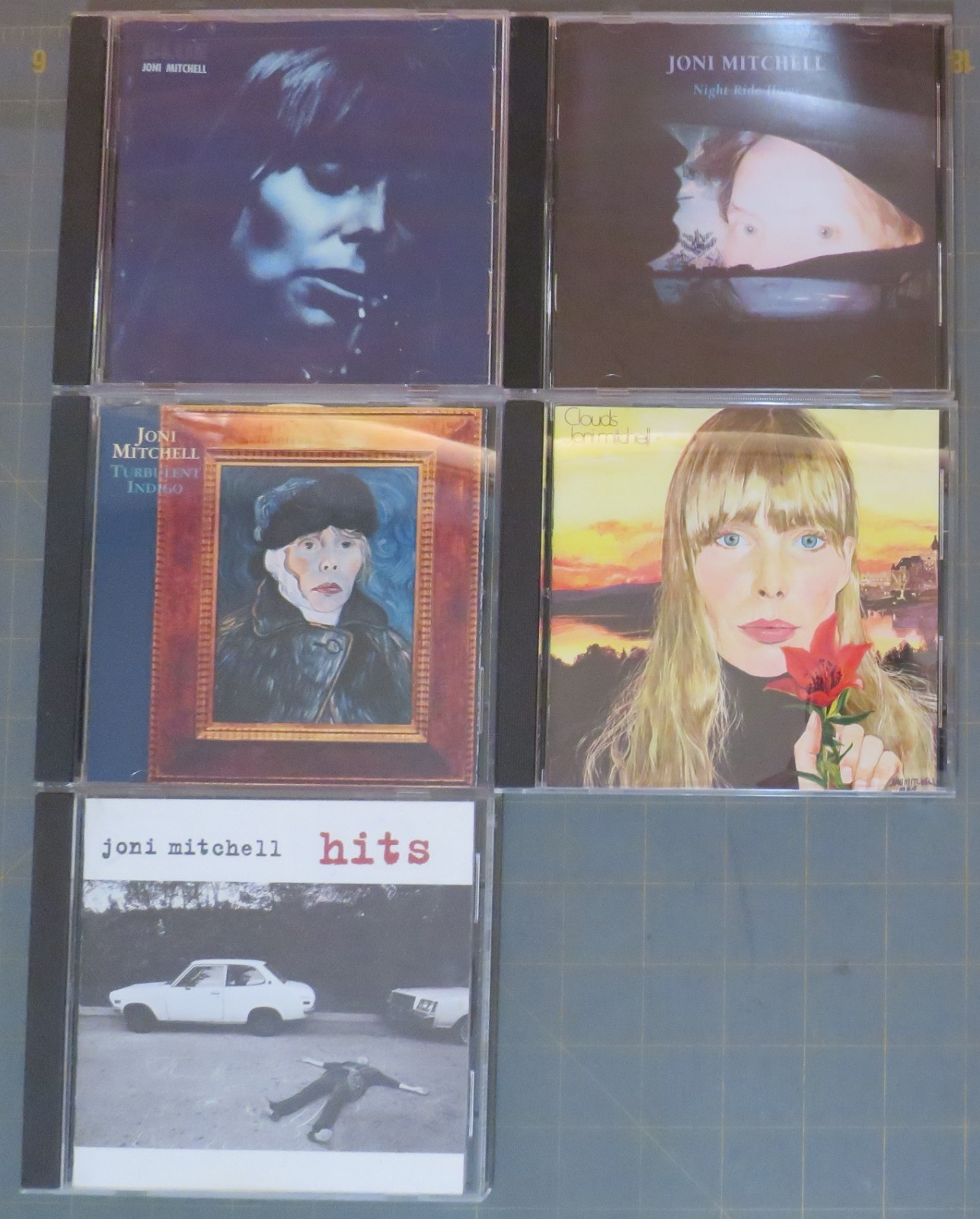 5 joni mitchell cds - blue, hits, clouds, night ride home, turbulent indigo