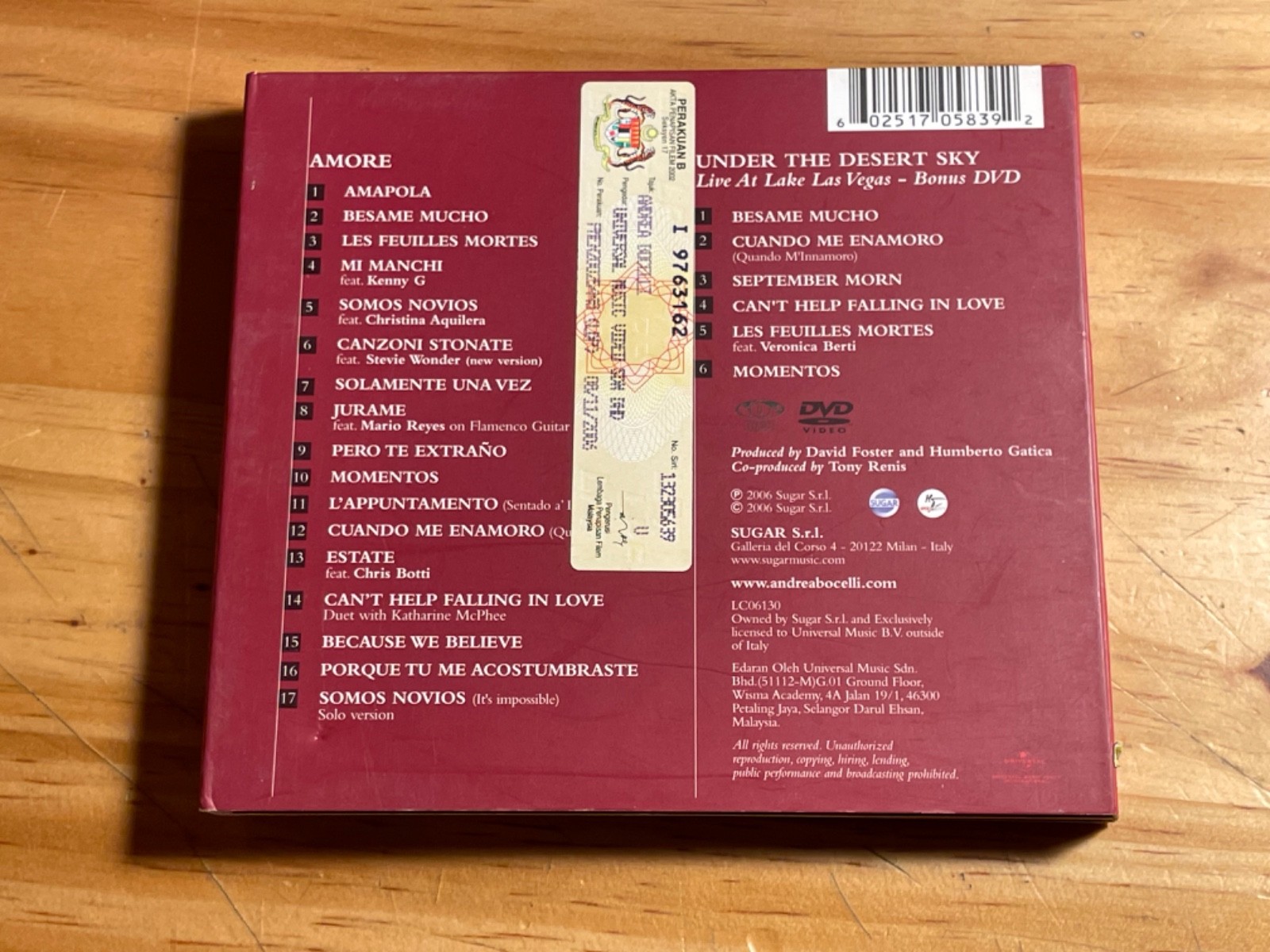 Andrea Bocelli – Amore CD + DVD Sugar 2006 Malaysia import