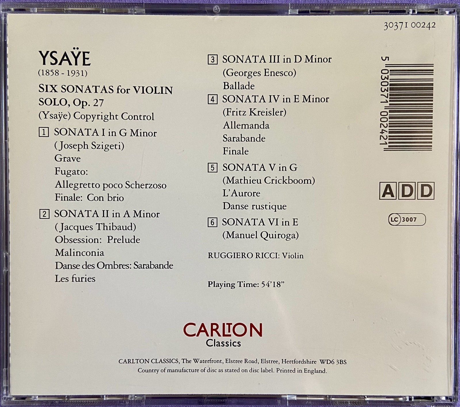 Ysaye: Six Sonatas for Violin Solo, Op.27 - Ruggiero Ricci CD 1996 Carlton