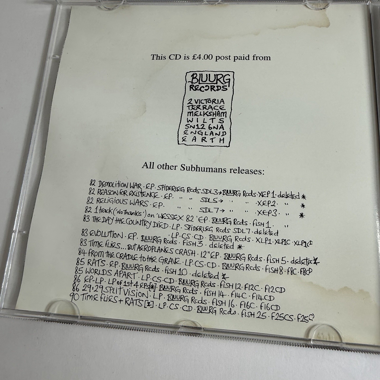 UNFINISHED BUSINESS SUBHUMANS BLUURG FISH 36 CD
