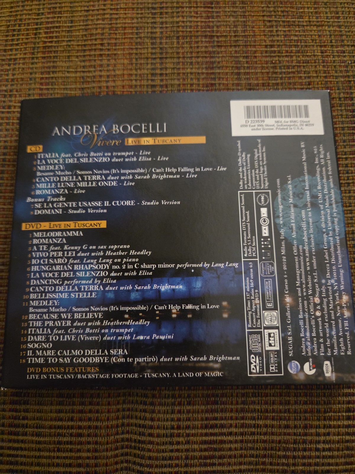 Vivere: Live in Tuscany by Andrea Bocelli (CD, Decca)