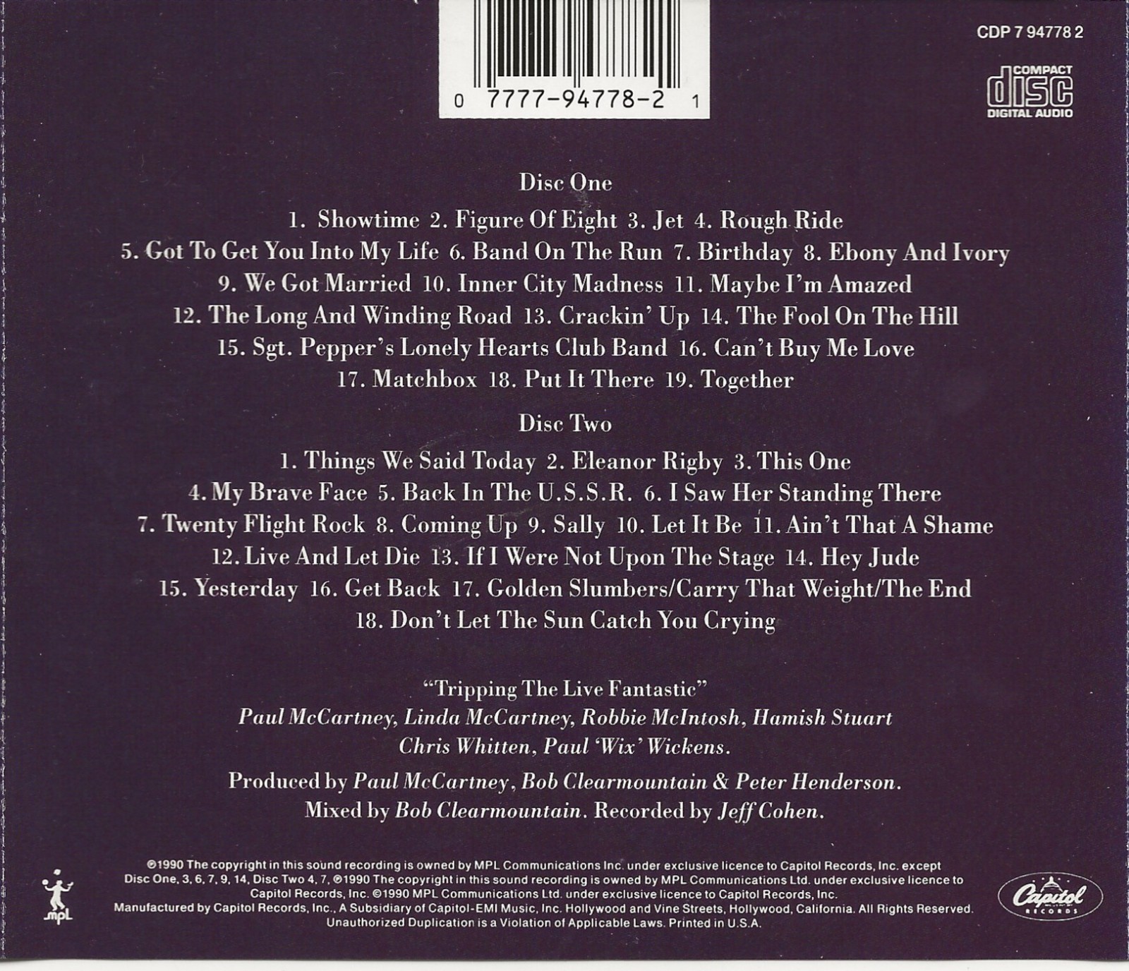 Tripping the Live Fantastic by Paul McCartney (2 CD, 1990, Capitol)