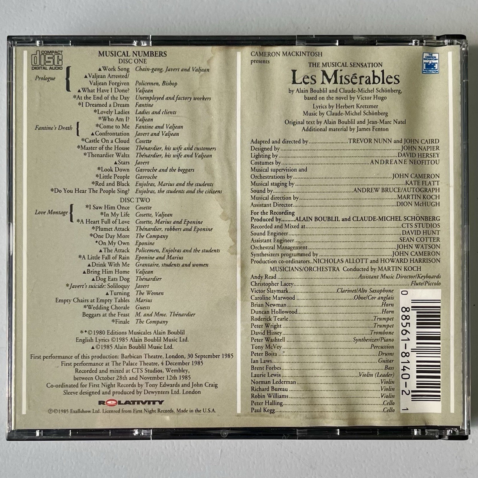 Les Miserables Original London Cast Recording CD 1985 Relativity