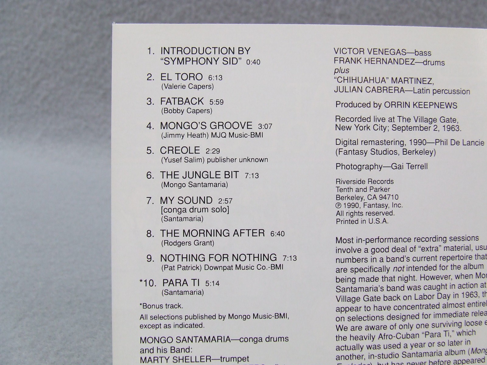 Mongo Santamaria - Mongo at the Village Gate (CD, 1990 Riverside)