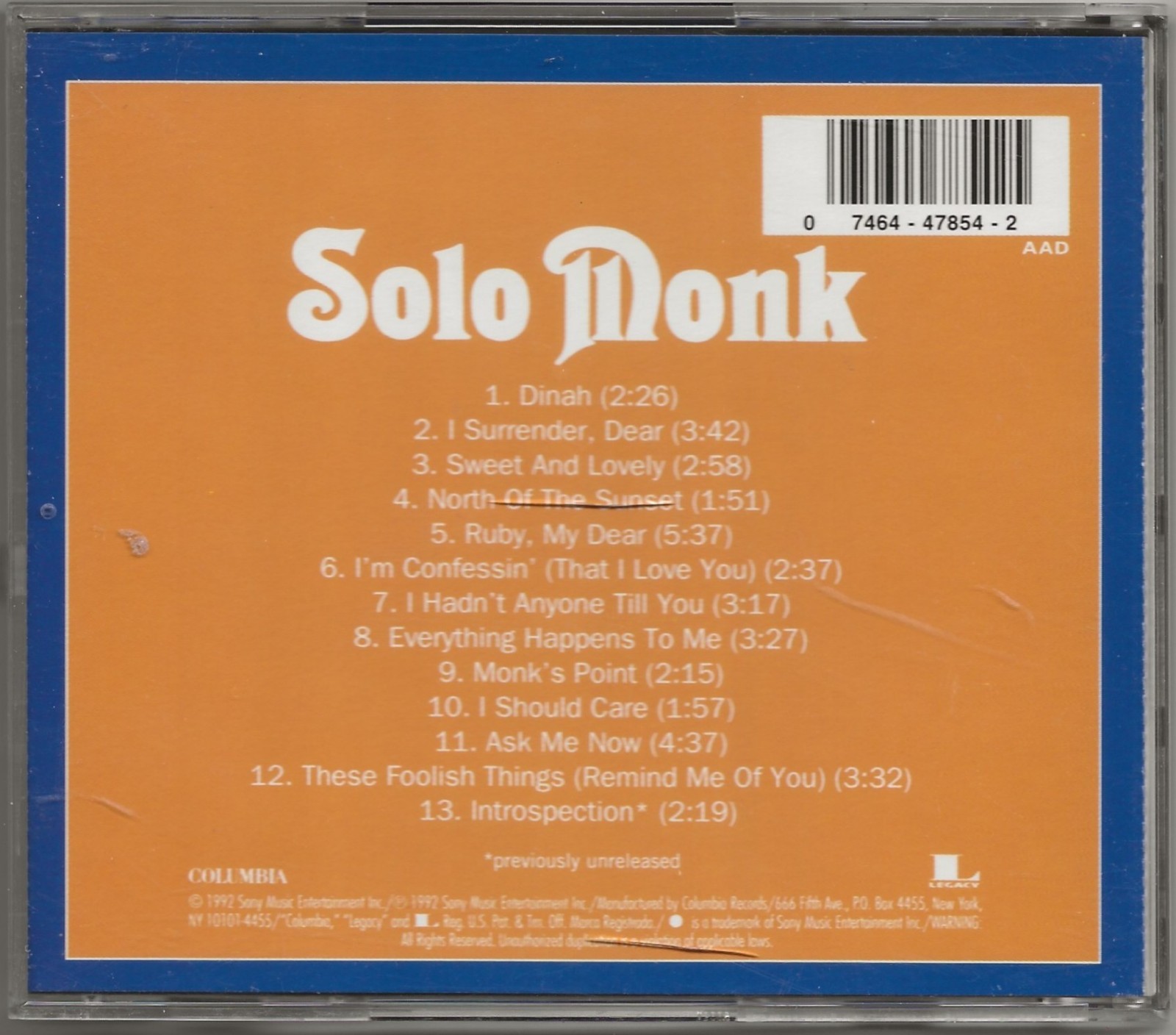 THELONIUS MONK~ SOLO MONK (1965) / 1992 COLUMBIA (CK 47854) REMASTERED RE/CJM CD