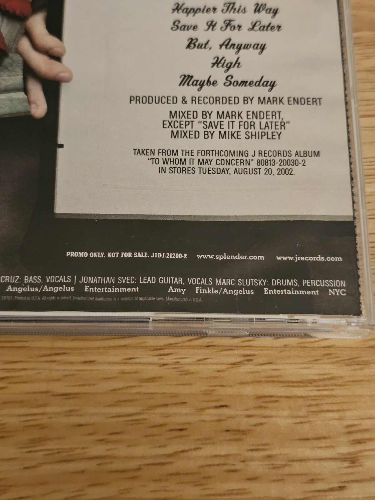 Splender - To Whom It May Concern Song Sampler CD 2002 Promo VG