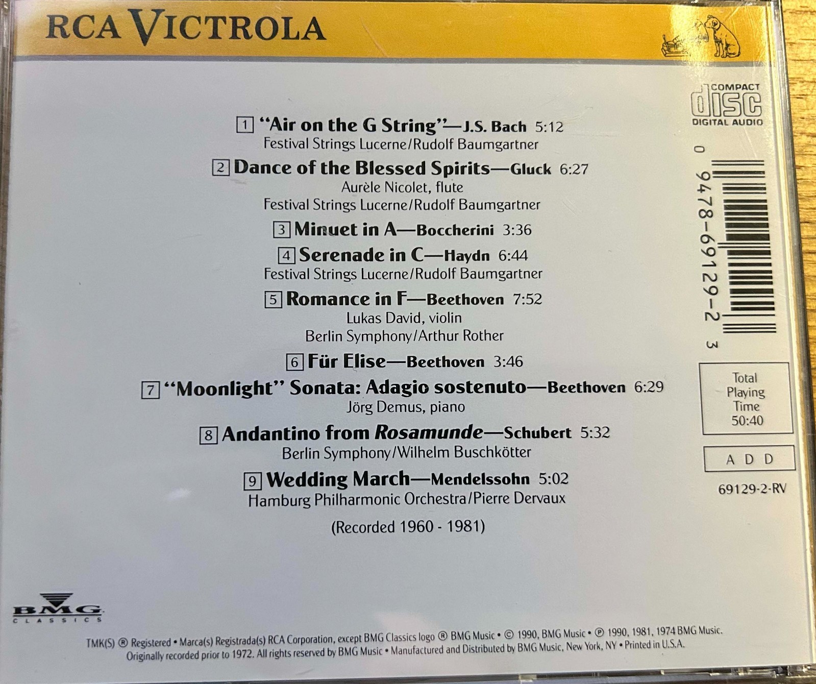 Classic Music CD - SERENADE - Wedding March, Moonlight Sonata, Fur Elise NM