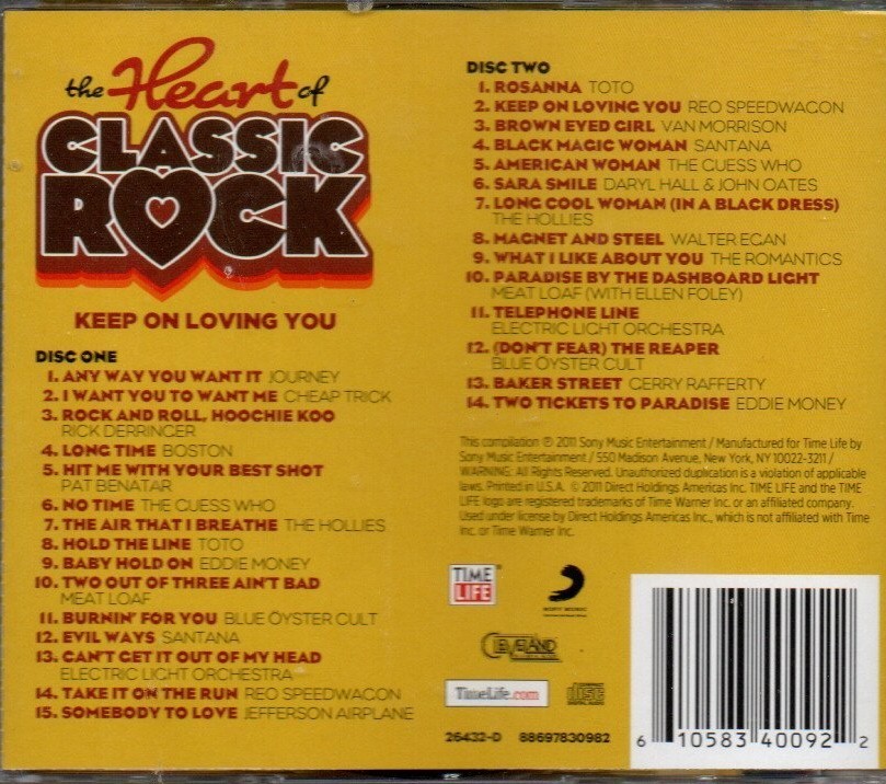 TIME-LIFE MUSIC-THE HEART OF CLASSIC ROCK-KEEP ON LOVING YOU 2 CD SET/29 TRACKS