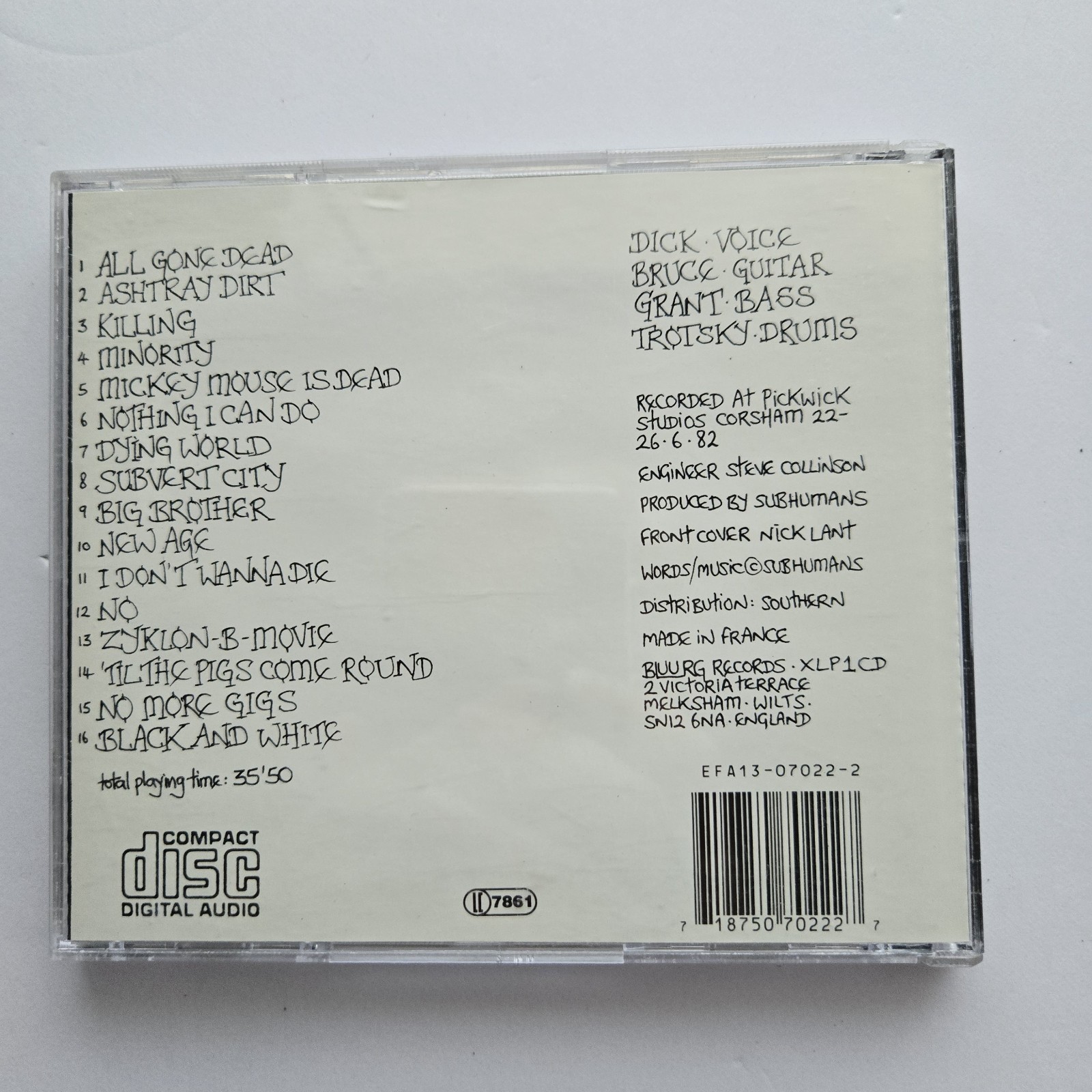 Subhumans The Day the Country Died CD 1982/Reissue 1990 Bluurg XLP1 France Punk
