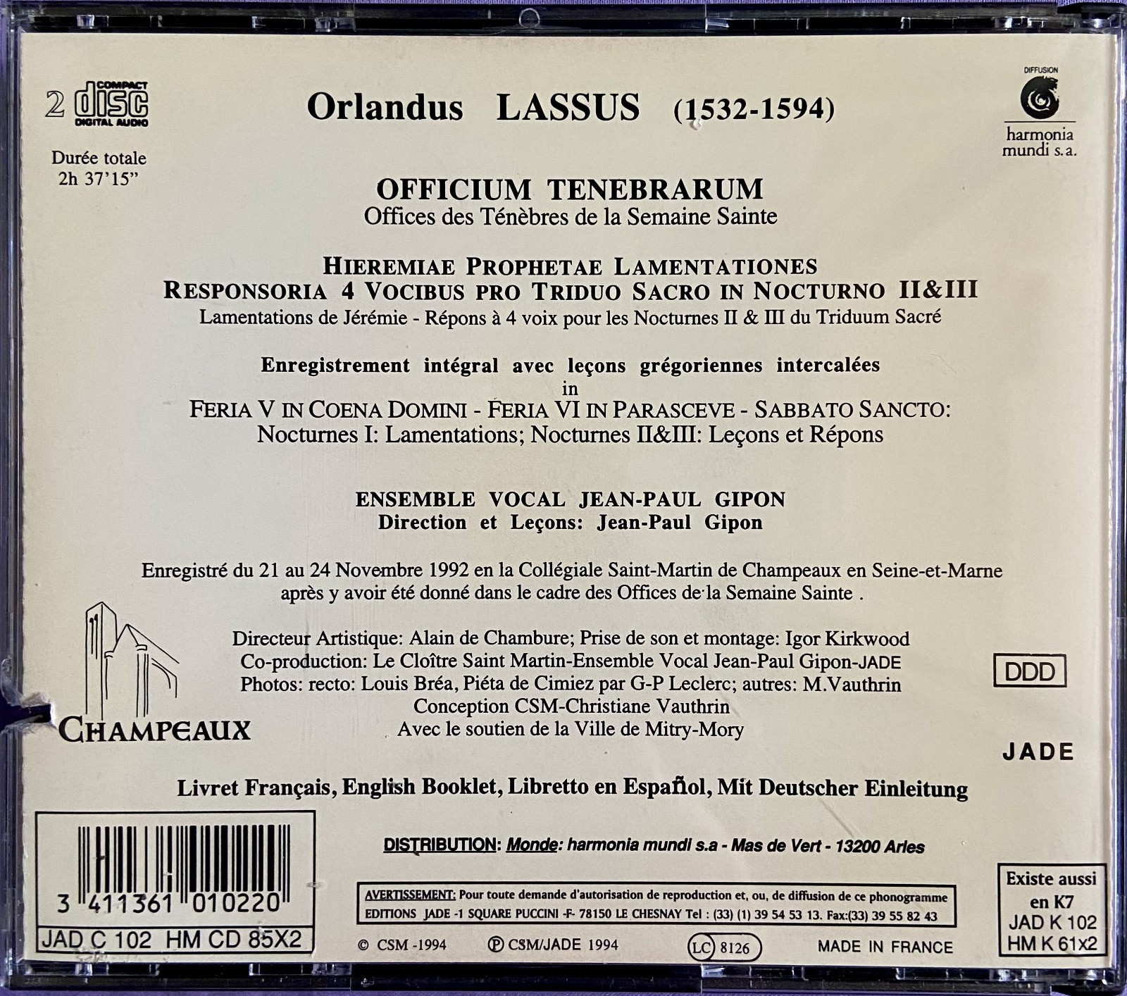 Lassus: Officium Tenebrarum - Ensemble Vocal Jean-Paul Gipon 2 CD Set 1994
