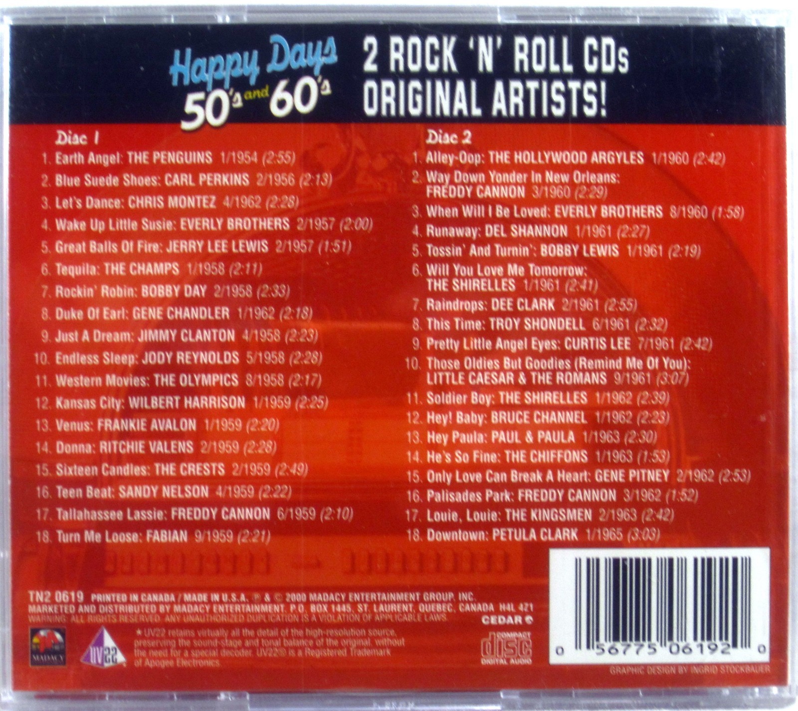 MADACY 2 CDs 1950s and 1960s Rock N Roll "Happy Days" 36 Songs TN2-0619 NM-