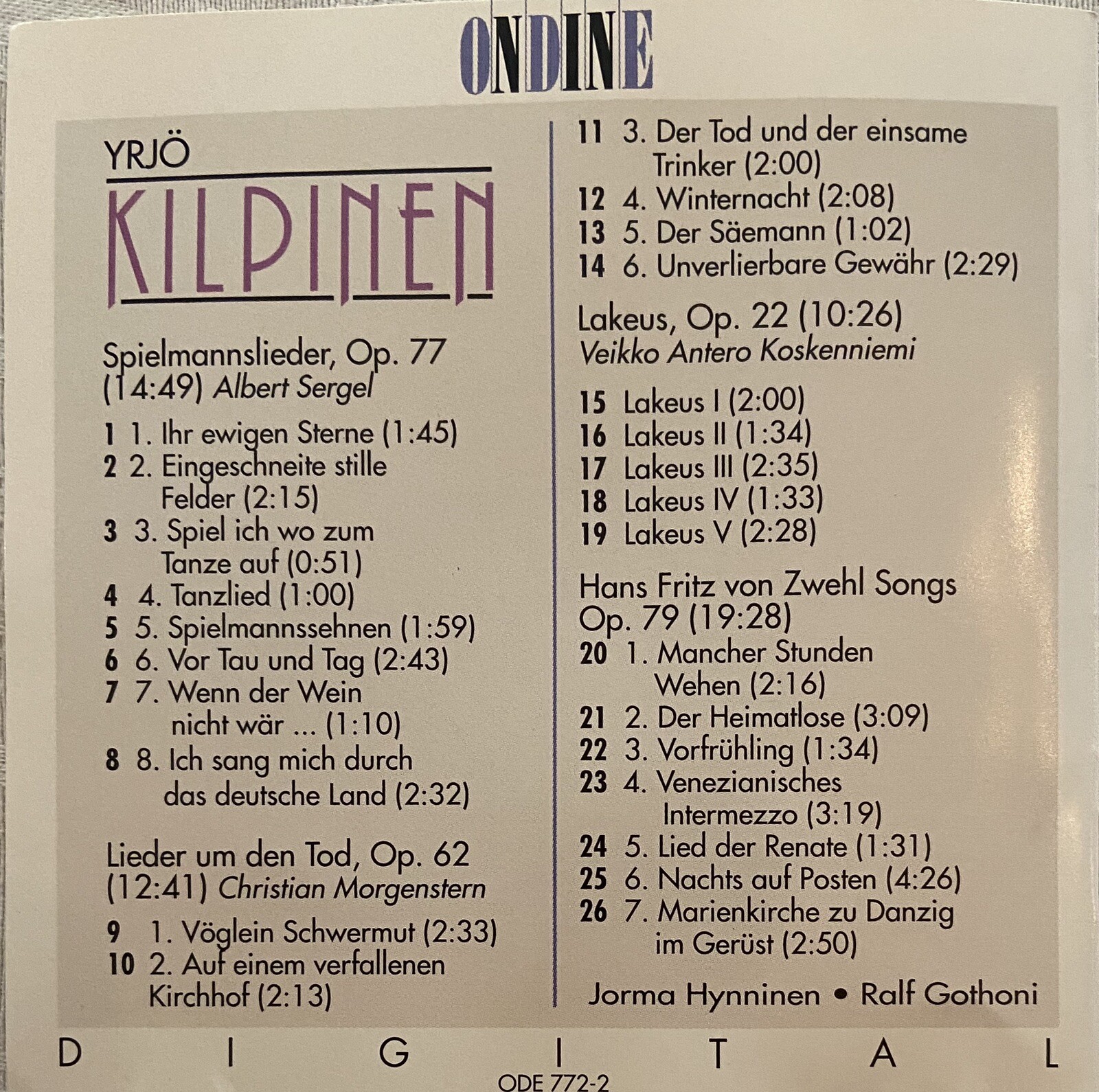 Yrjo Kilpinen: Songs - Jorma Hynninen, Ralf Gothoni (CD, Ondine 1991)