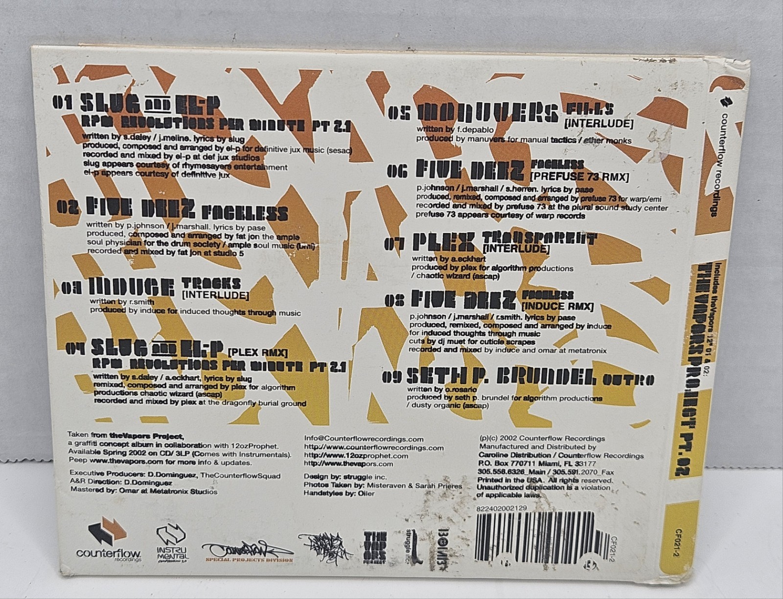 THE VAPORS PROJECT 2 CD 2002 ATMOSPHERE RUN THE JEWELS 12 OZ PROPHET SLUG EX