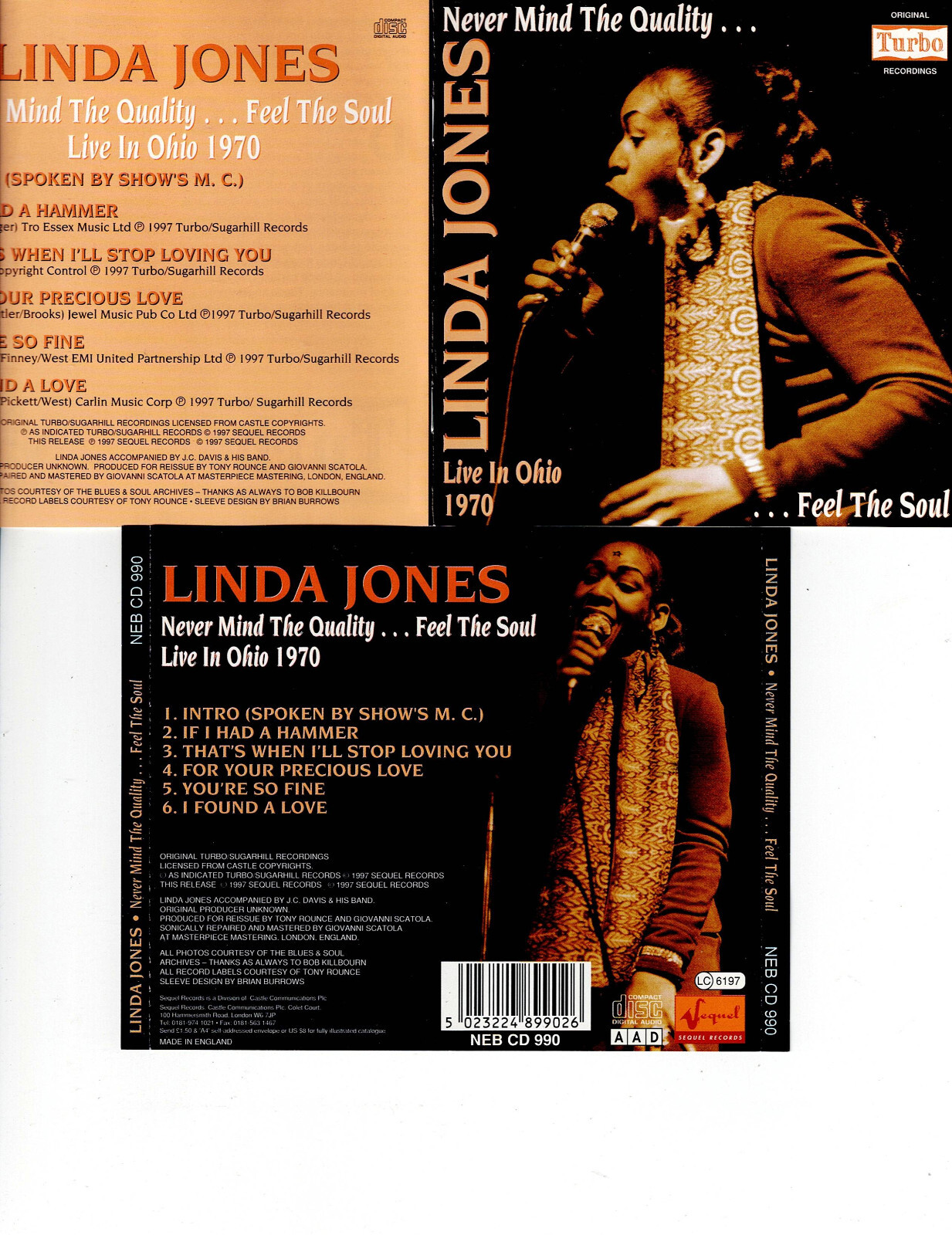 LINDA JONES - NEVER MIND QUALITY..FEEL THE SOUL (LIVE) (CD 1997) **6 TRACKS**