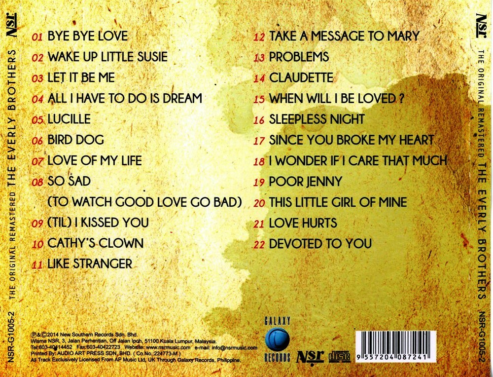 The Everly Brothers The Original Remastered 22 Greatest Hits CD Malaysia Edition
