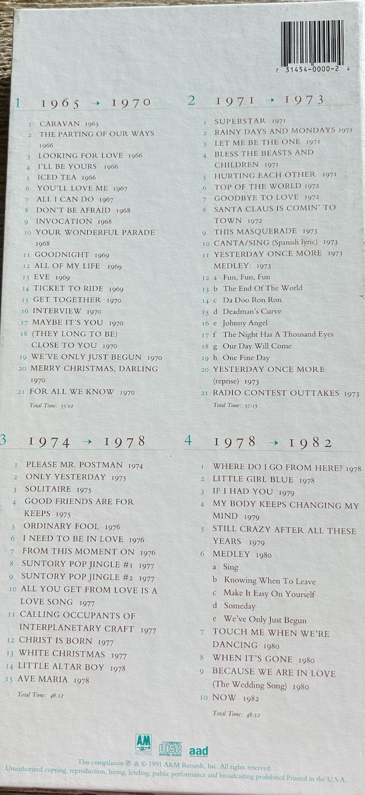 The Carpenters – From the Top 4-CD Box Set 1991 Booklet Complete Set
