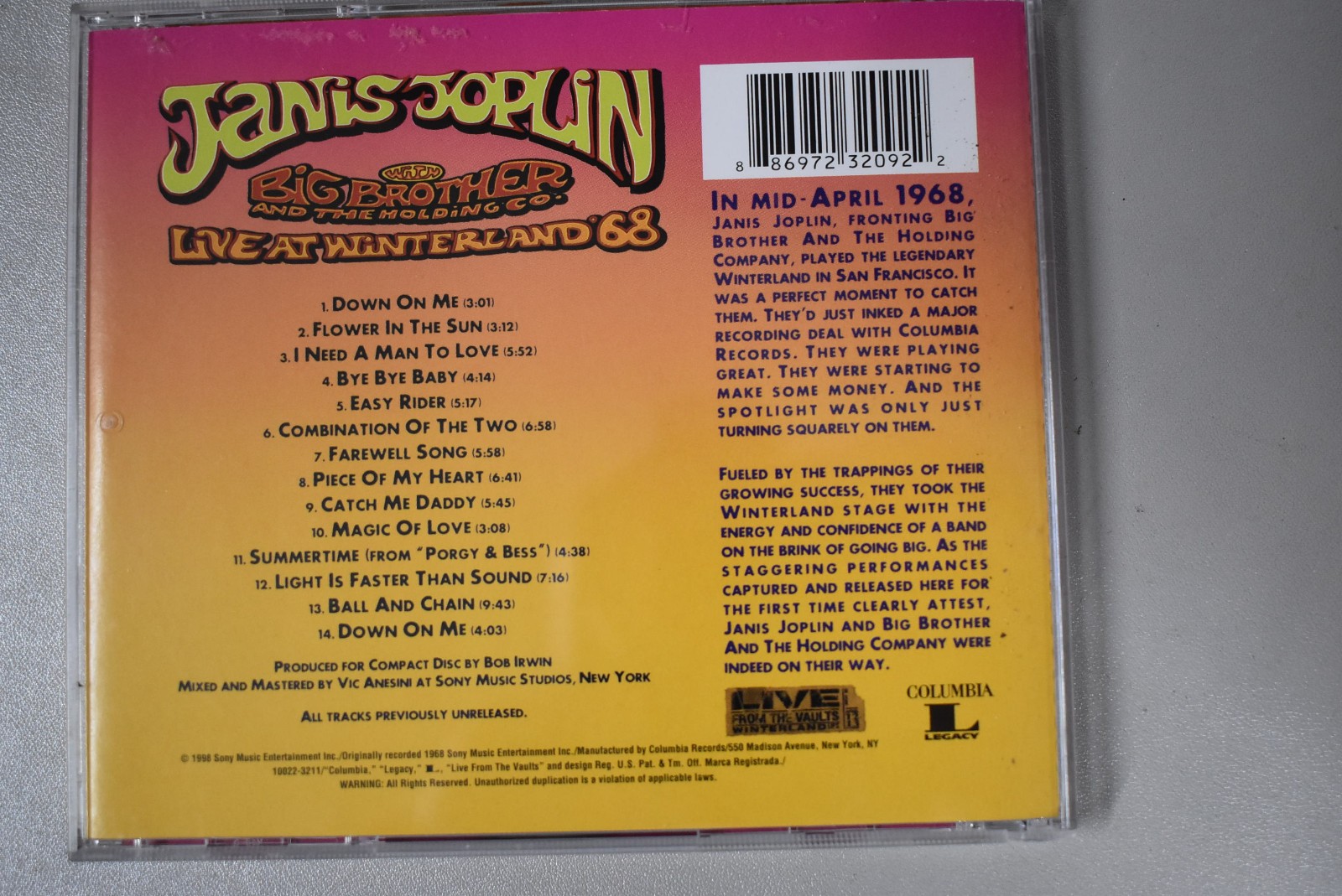 Janis Joplin & Big Brother Live At Winterland '68 CD EXC COND RARE
