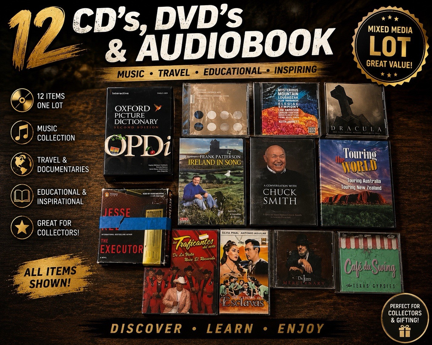 12-Item Mixed Lot CDs DVDs & Audiobook Latin Jazz Folk Classical English/Spanish