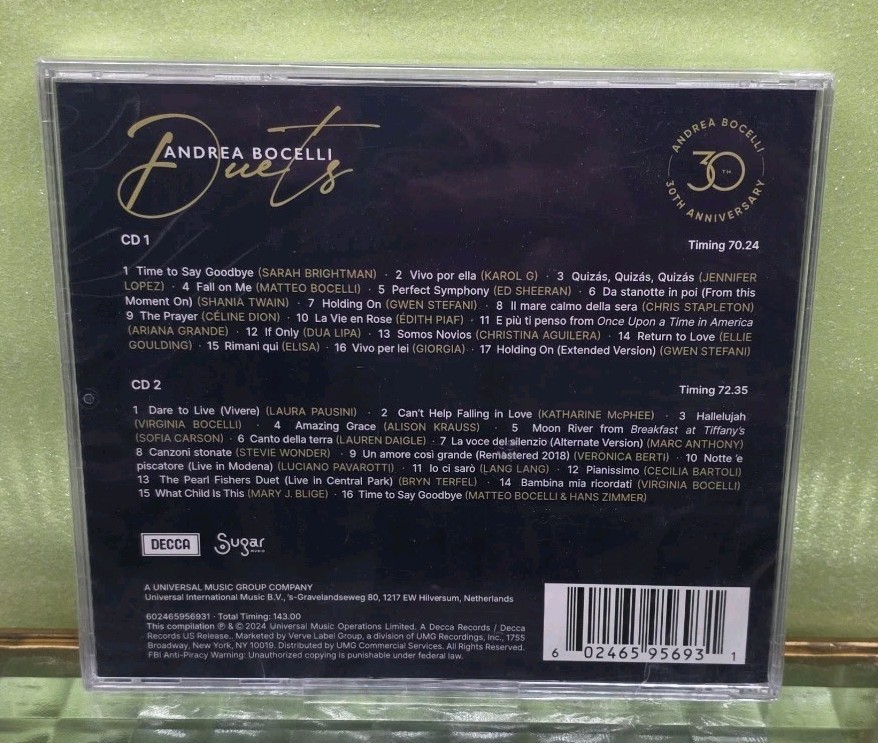 Andrea Bocelli DUETS 2 Disc CD Target EXCLUSIVE with 2 BONUS SONGS