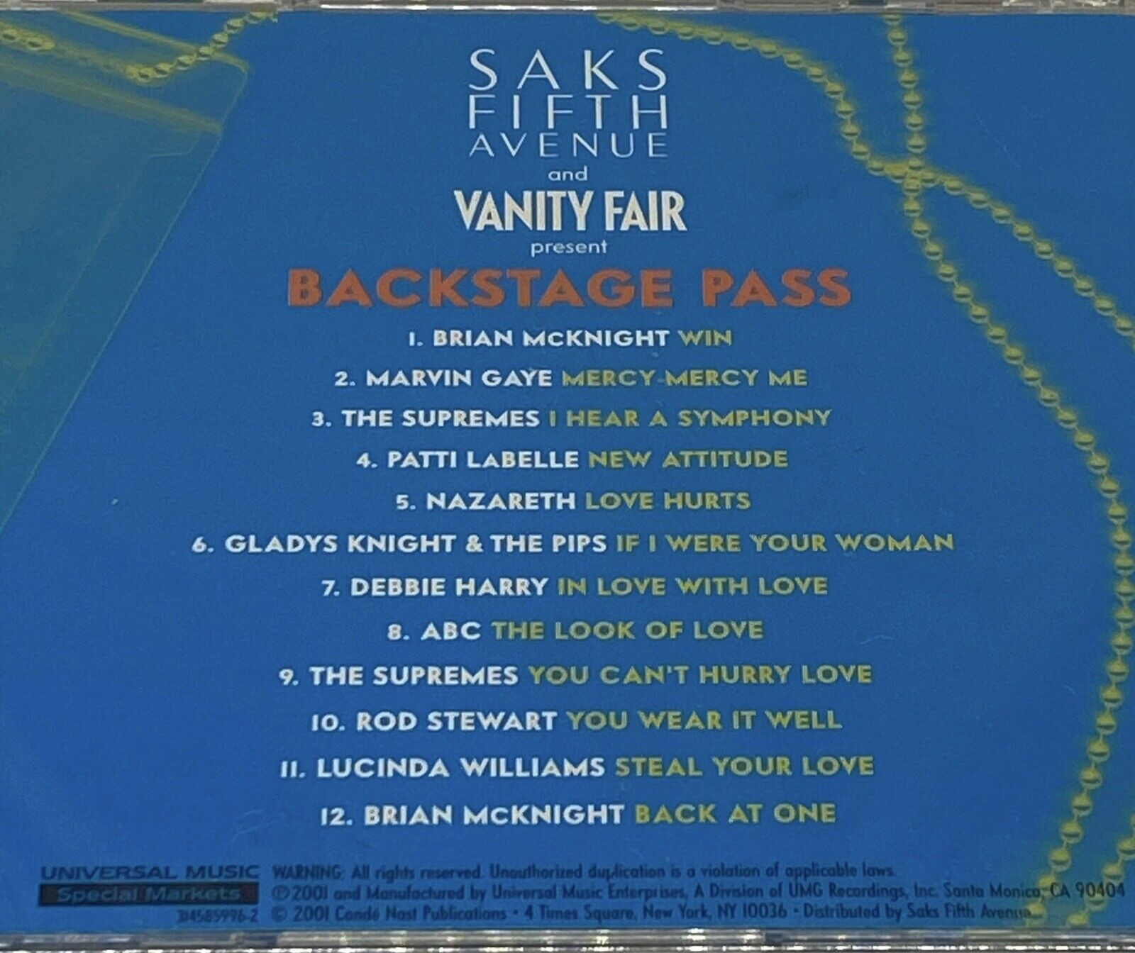 Backstage Pass Music CD 2001 Saks Fifth Avenue Vanity Fair Present Pop Rock New